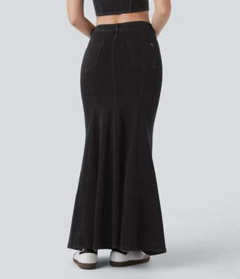 Halara Flex™ Mid Rise Maxi Washed Denim Casual Mermaid Skirt with Pockets
