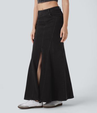 Halara Flex™ Mid Rise Maxi Washed Denim Casual Mermaid Skirt with Pockets