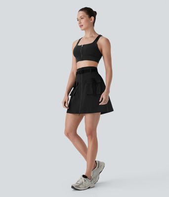 Water Repellent Super High Waisted Belted Zipper Mini A-line Ripstop Camping Cargo Skirt with Pockets