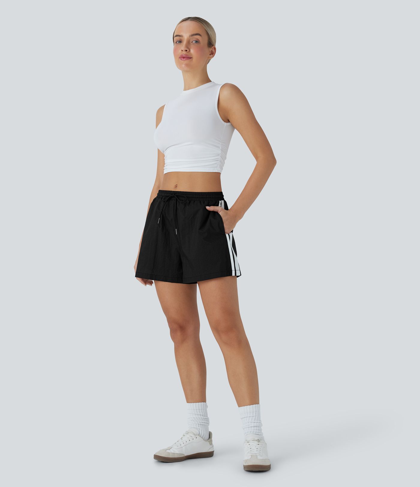 Low Rise Drawstring Color Block Casual Shorts with Pockets-UPF40+