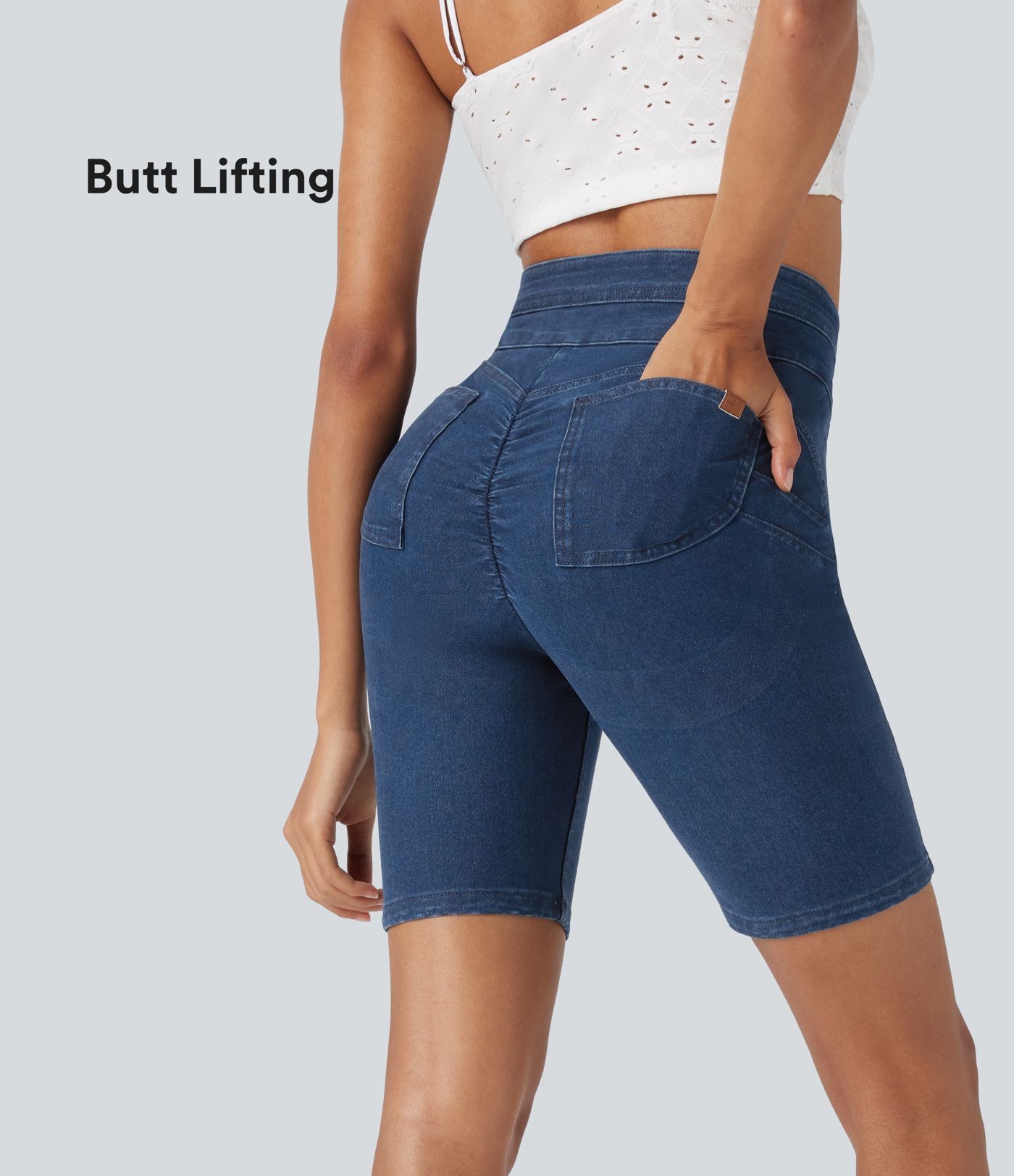 Halara Flex™ High Waisted Butt Lifting Stretchy Knit Denim Casual Biker Shorts with Pockets