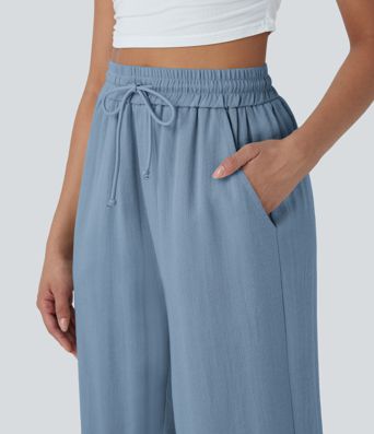 High Waisted Drawstring Wide Leg Cropped Casual Linen-Feel Pants with Pockets