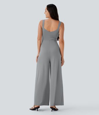 U Back Sleeveless Casual Jumpsuit with Pockets
