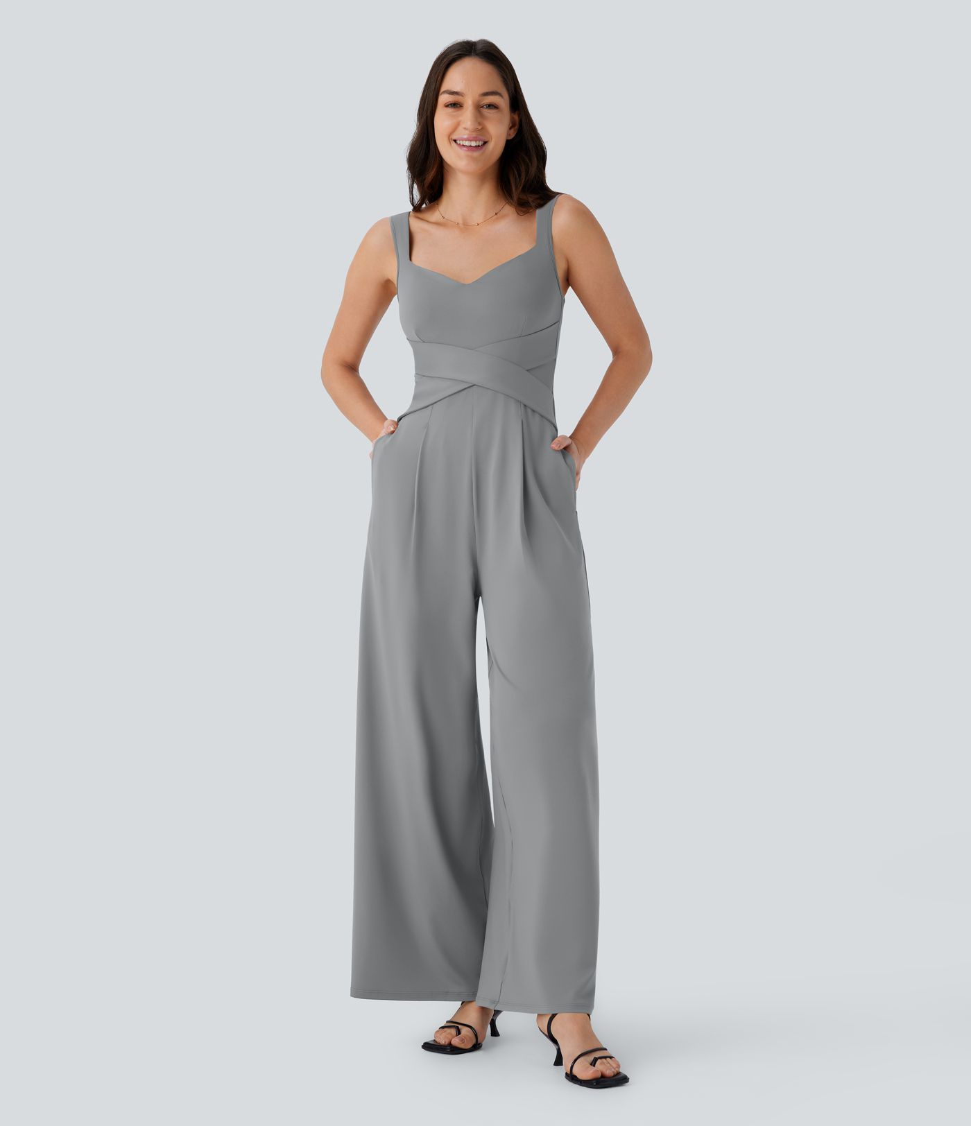 U Back Sleeveless Casual Jumpsuit with Pockets