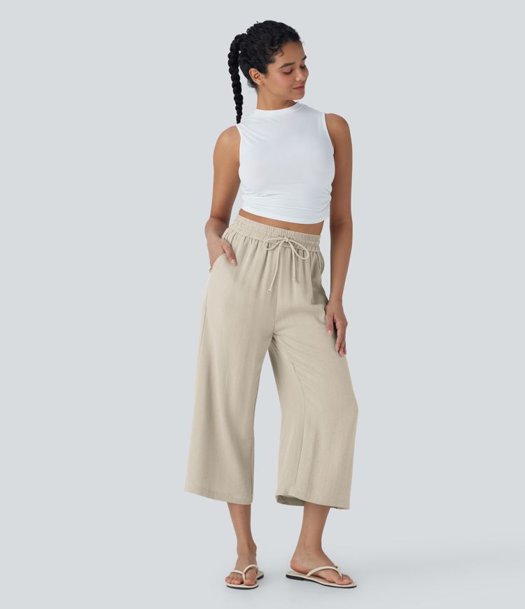 High Waisted Drawstring Wide Leg Cropped Casual Linen-Feel Pants with Pockets