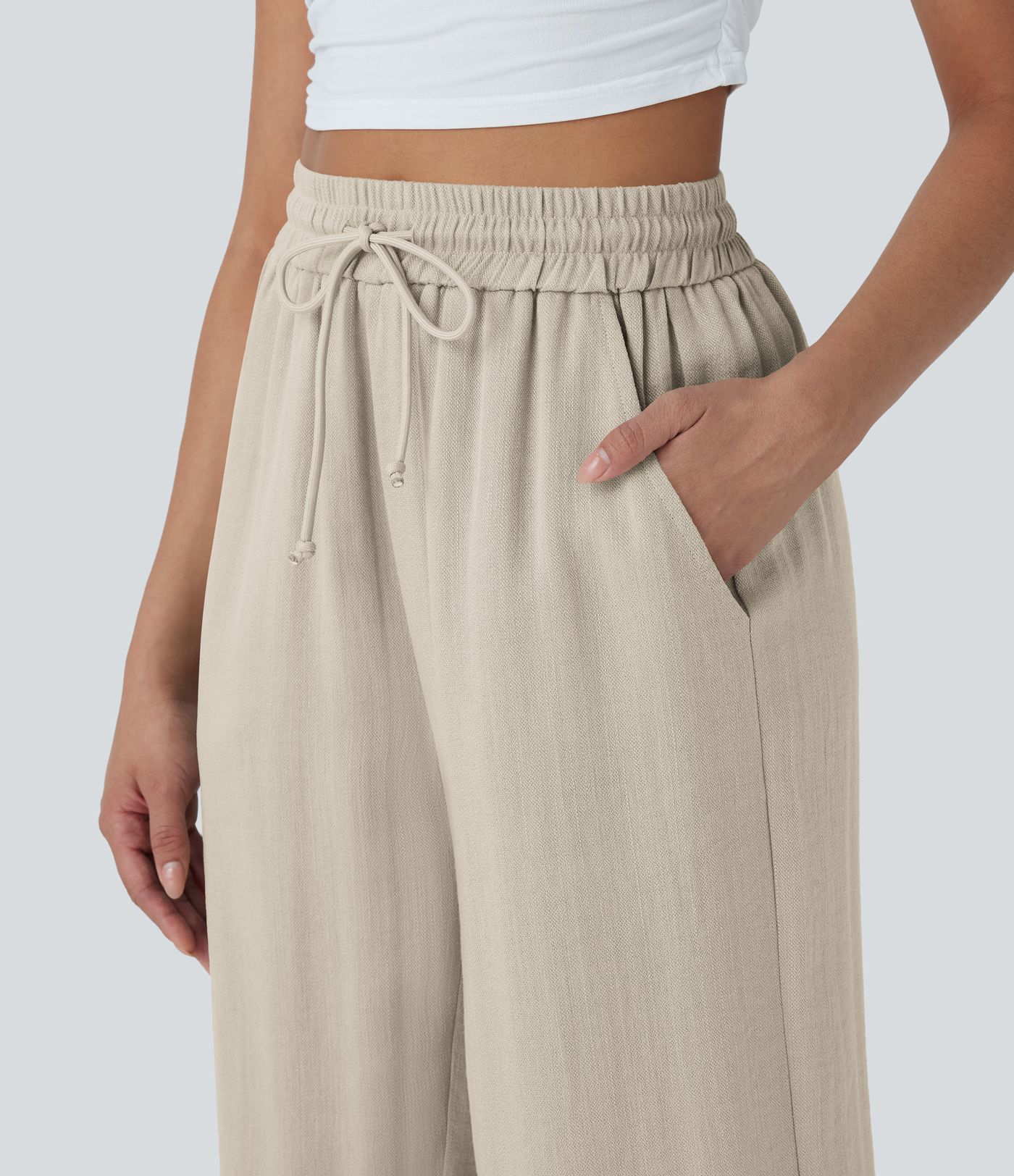 High Waisted Drawstring Wide Leg Cropped Women Casual Linen-Feel Pants with Pockets