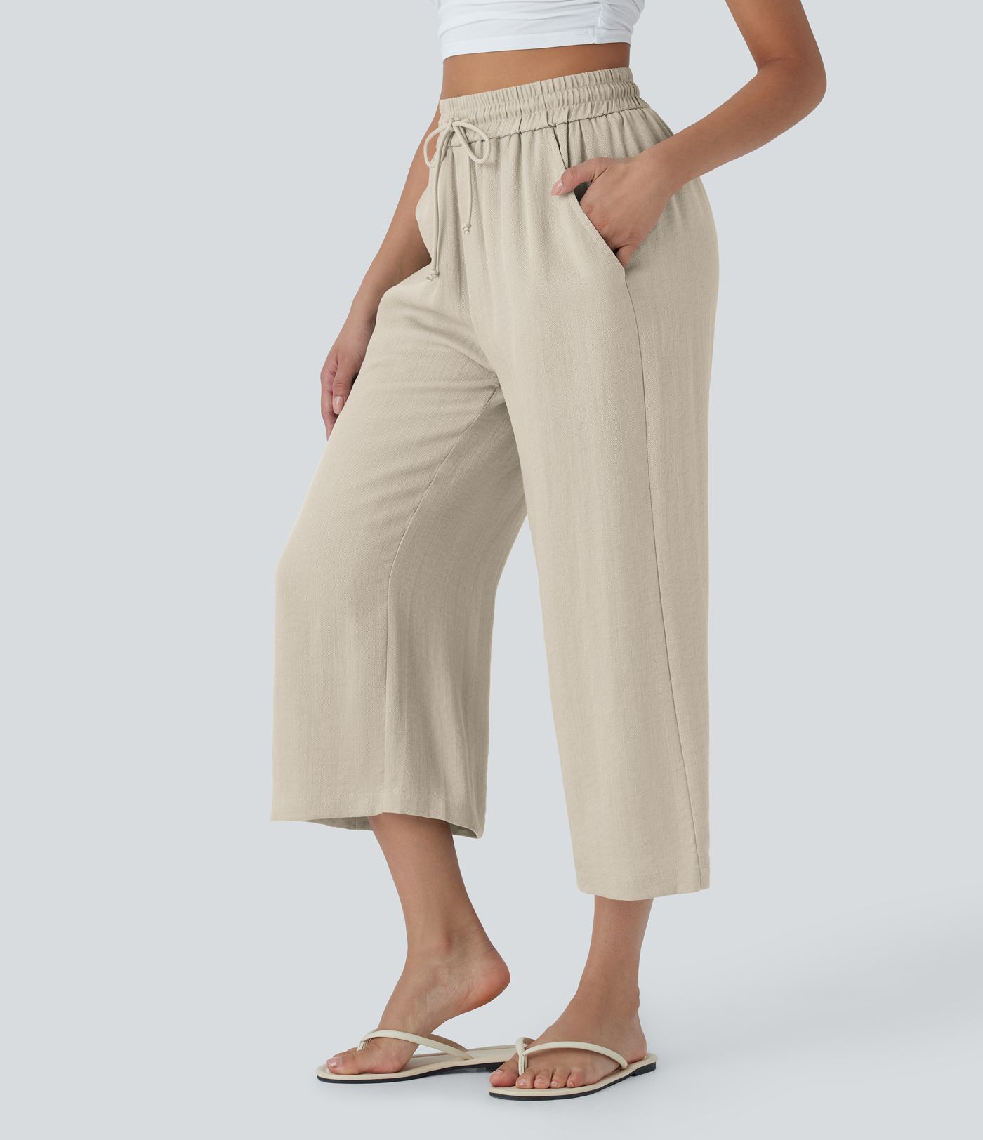 High Waisted Drawstring Wide Leg Cropped Women Casual Linen-Feel Pants with Pockets