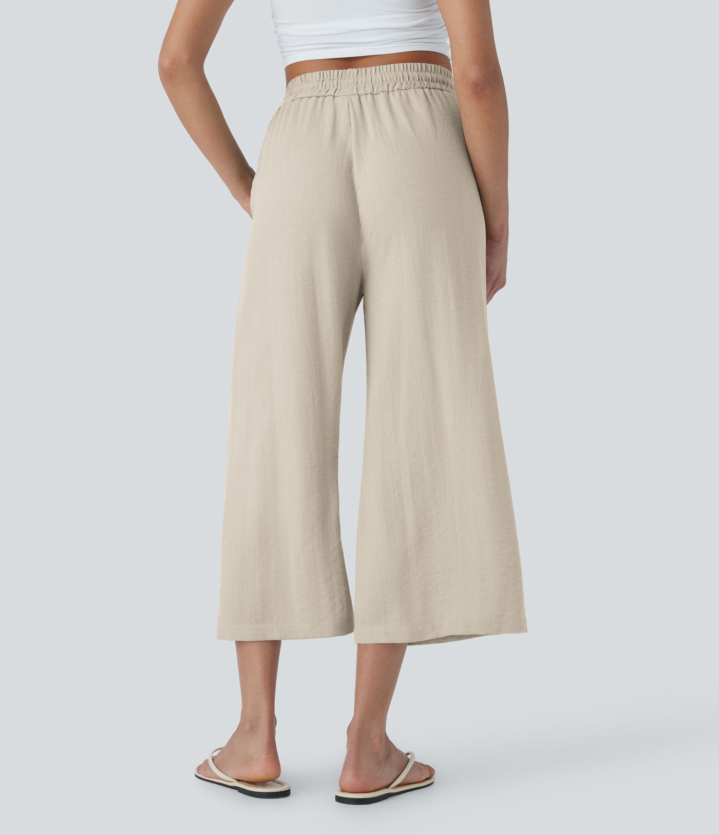 High Waisted Drawstring Wide Leg Cropped Women Casual Linen-Feel Pants with Pockets
