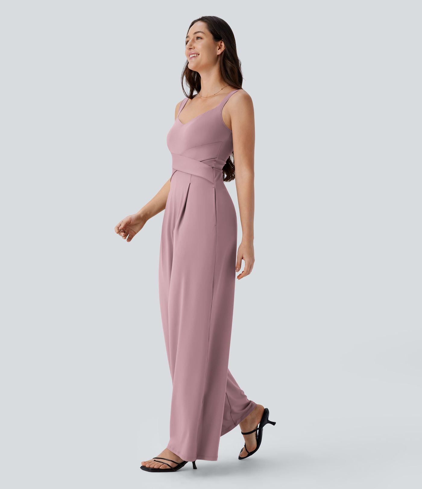 U Back Sleeveless Women Formal Casual Jumpsuit with Pockets