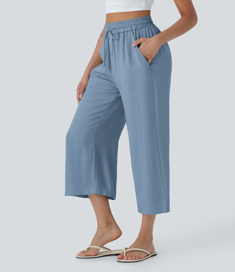 High Waisted Drawstring Wide Leg Cropped Casual Linen-Feel Pants with Pockets