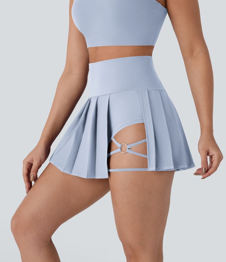 Breezeful™ High Waisted Pleated 2-in-1 Side & Pocket Asymmetric Hem Quick Dry Mini Dance Skirt