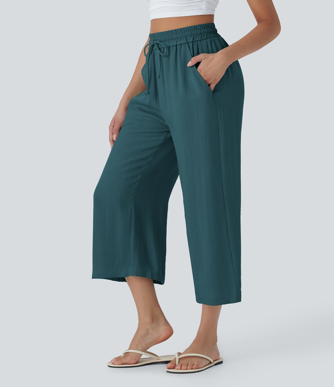 High Waisted Drawstring Wide Leg Cropped Casual Linen-Feel Trousers with Pockets