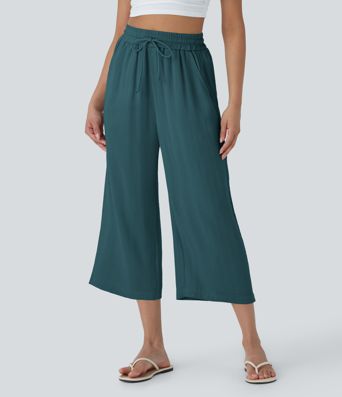 High Waisted Drawstring Wide Leg Cropped Casual Linen-Feel Trousers with Pockets