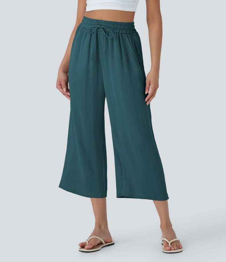High Waisted Drawstring Wide Leg Cropped Casual Linen-Feel Pants with Pockets