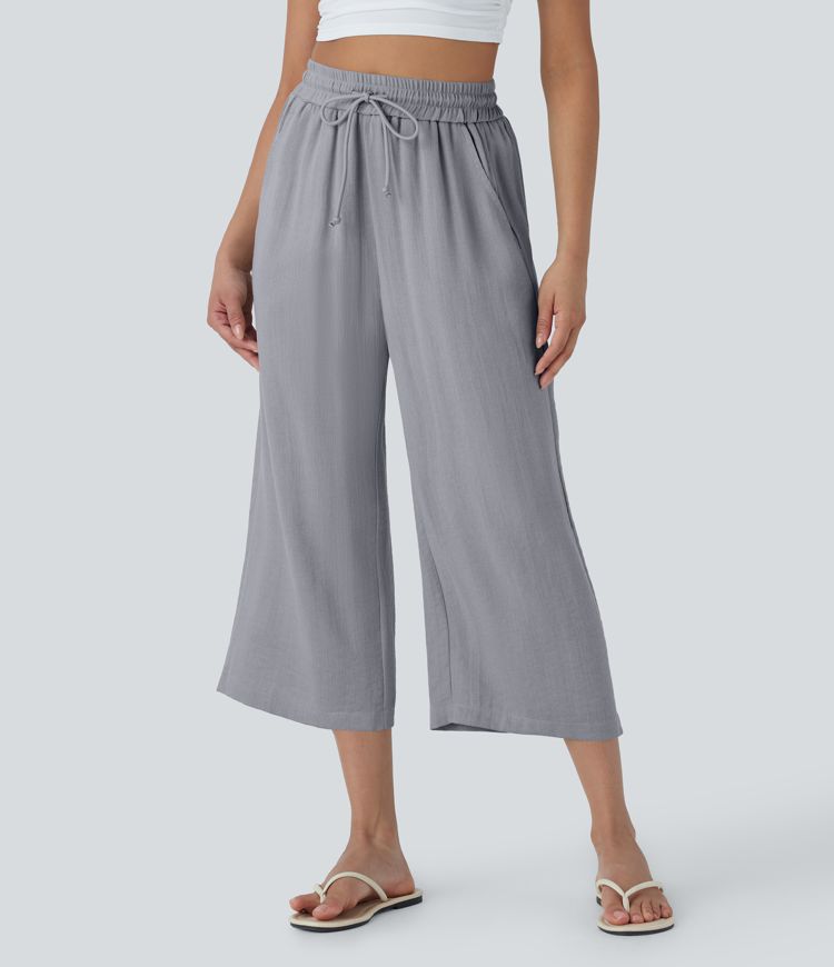 High Waisted Drawstring Wide Leg Cropped Casual Linen-Feel Pants with Side Pockets