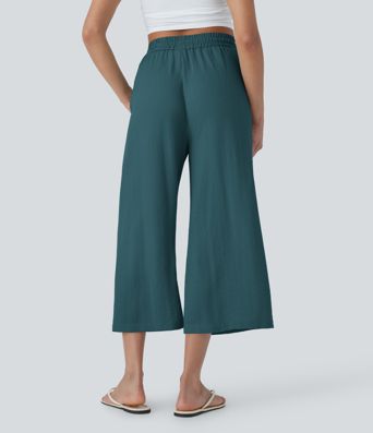 High Waisted Drawstring Wide Leg Cropped Casual Linen-Feel Trousers with Pockets