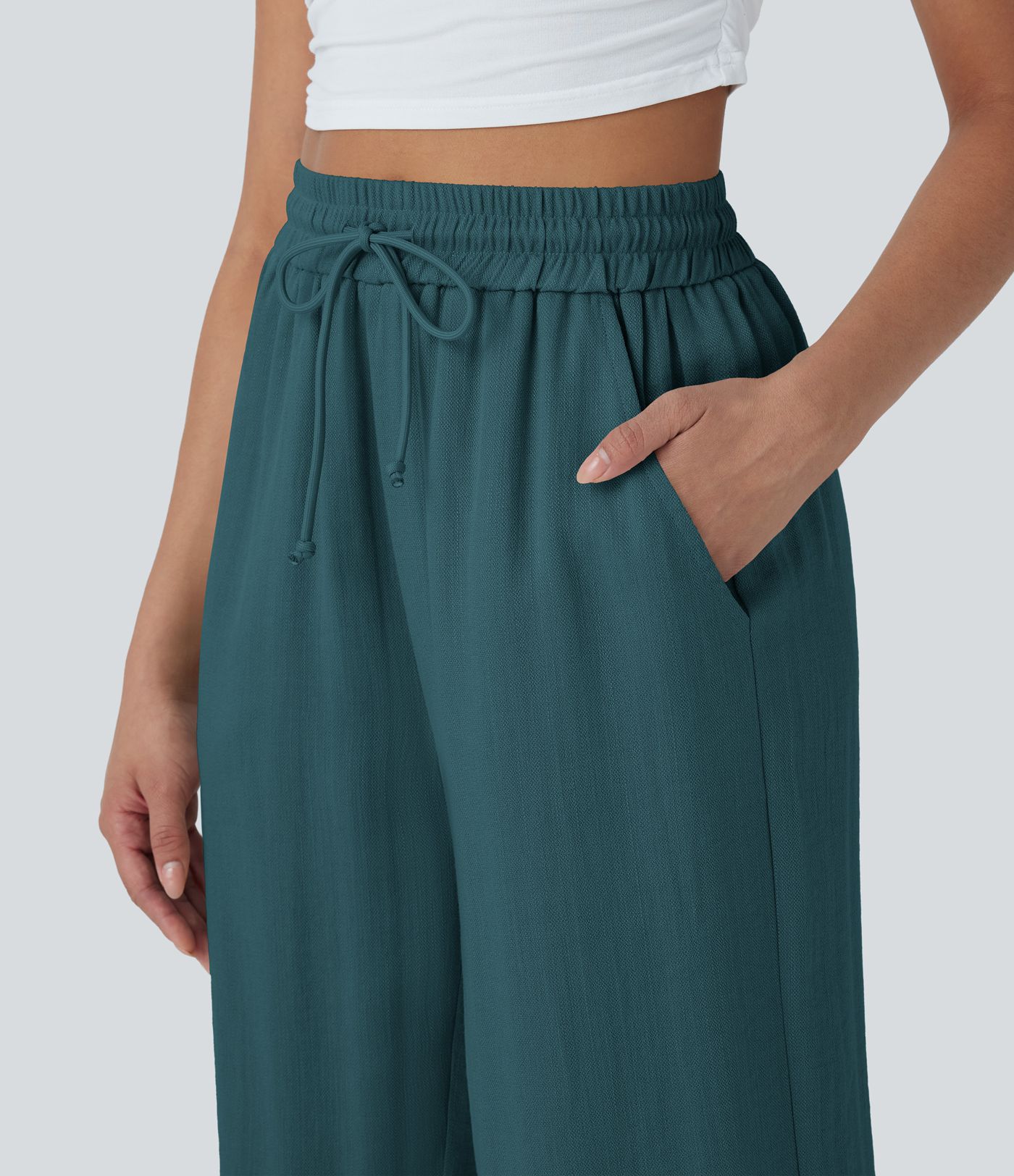 High Waisted Drawstring Wide Leg Cropped Casual Linen-Feel Trousers with Pockets