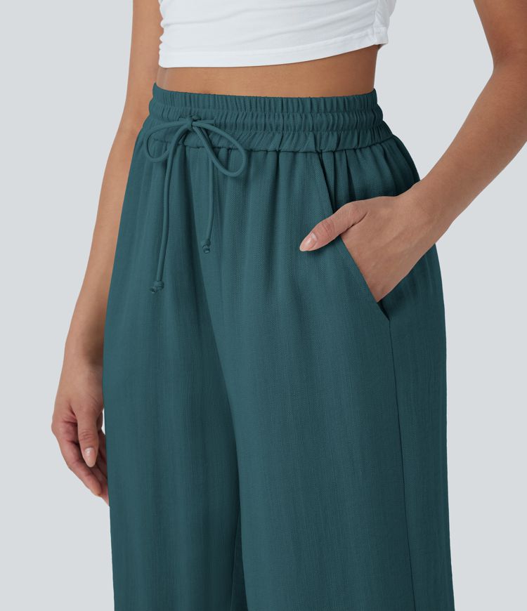 High Waisted Drawstring Wide Leg Cropped Casual Linen-Feel Trousers with Pockets