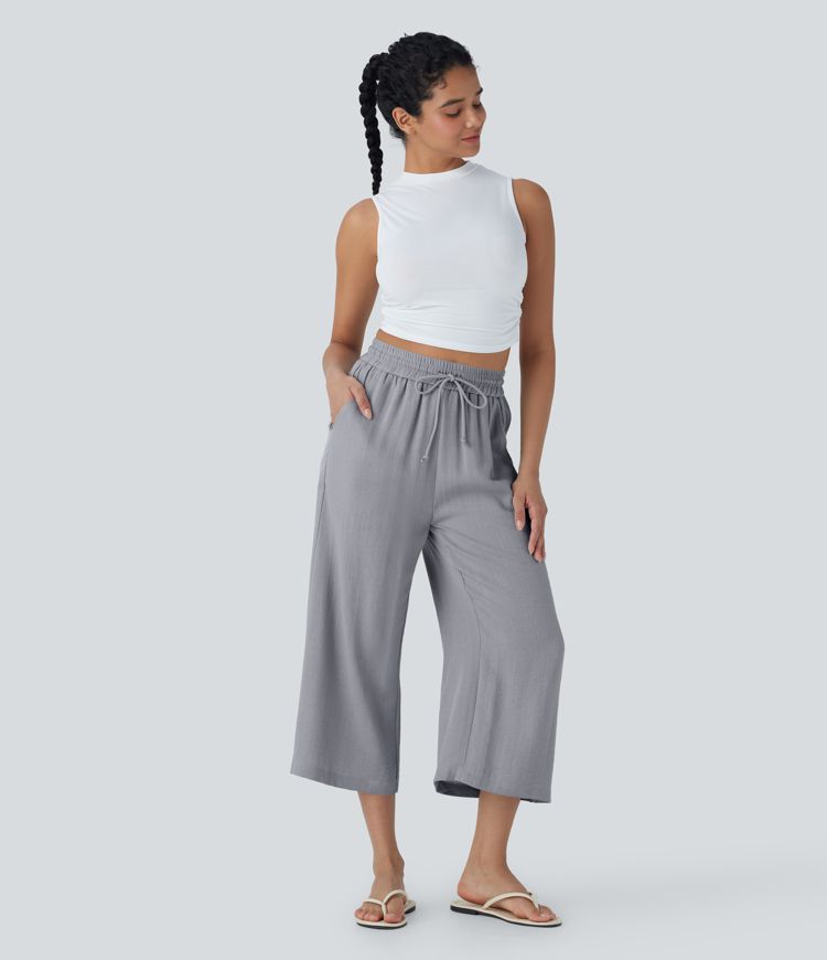 High Waisted Drawstring Wide Leg Cropped Casual Linen-Feel Pants with Pockets
