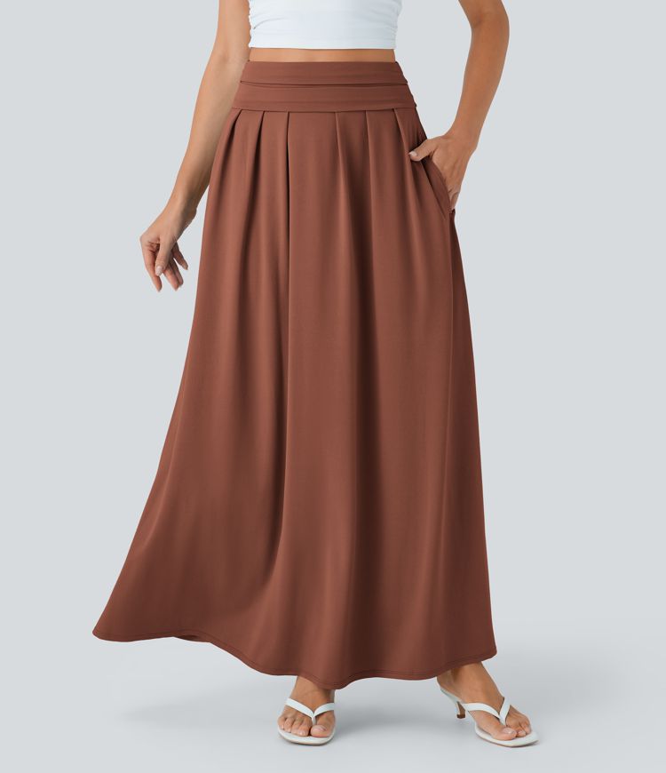 Socinched High Waisted Tummy Control Flare Maxi Casual Skirt with Side Pockets