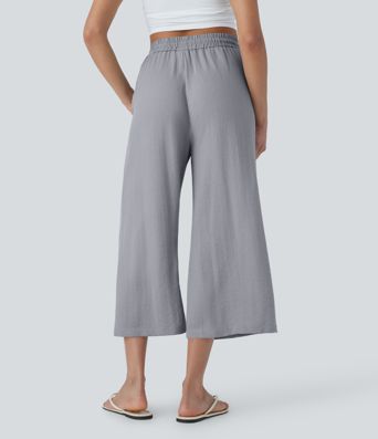 High Waisted Drawstring Wide Leg Cropped Casual Linen-Feel Pants with Pockets