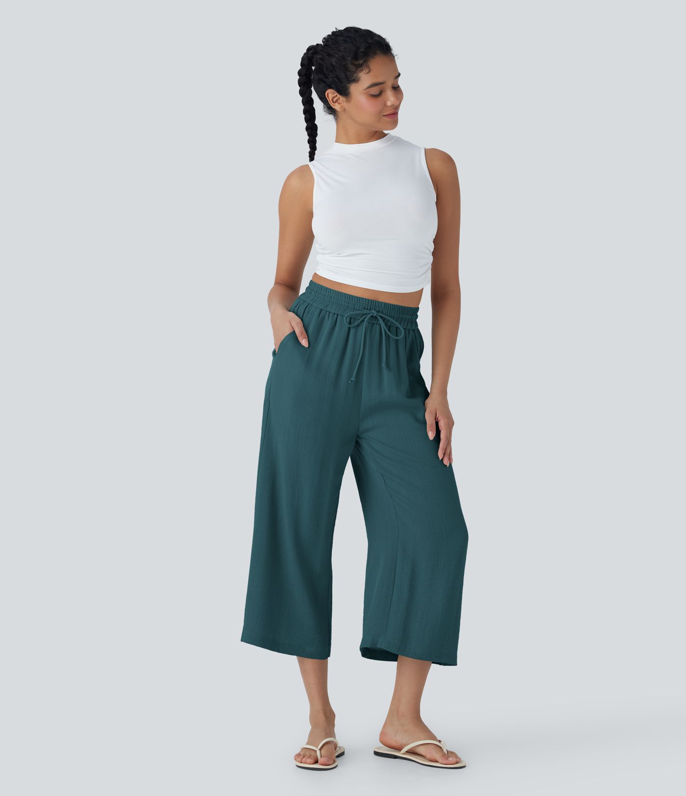 High Waisted Drawstring Wide Leg Cropped Casual Linen-Feel Trousers with Pockets