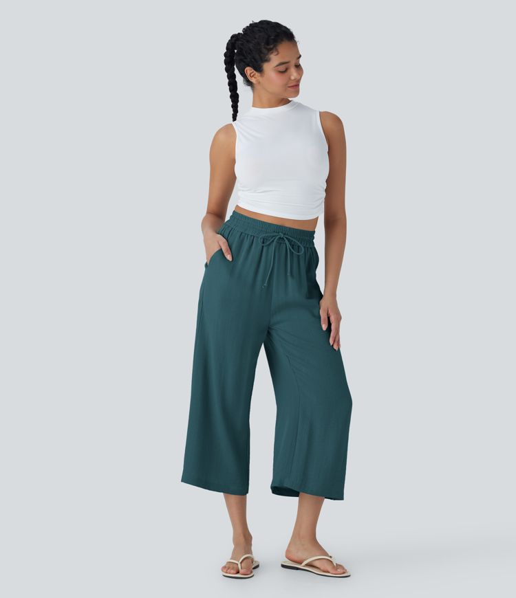 High Waisted Drawstring Wide Leg Cropped Casual Linen-Feel Trousers with Pockets