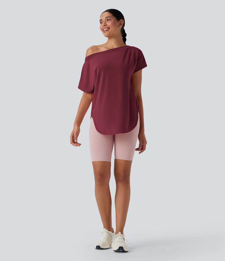 Einschultriges Yoga-Sport-Top mit kurzen Ärmeln, High-Low-Design und abgerundetem Saum - schnelltrocknend