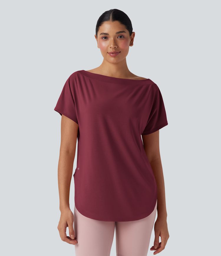 Einschultriges Yoga-Sport-Top mit kurzen Ärmeln, High-Low-Design und abgerundetem Saum - schnelltrocknend