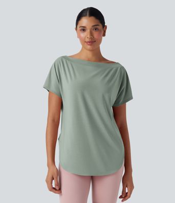 Einschultriges Yoga-Sport-Top mit kurzen Ärmeln, High-Low-Design und abgerundetem Saum - schnelltrocknend