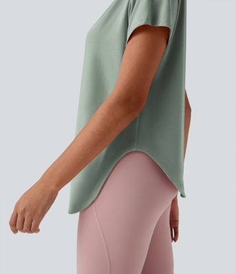 Einschultriges Yoga-Sport-Top mit kurzen Ärmeln, High-Low-Design und abgerundetem Saum - schnelltrocknend