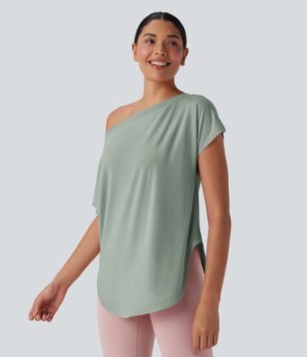 Einschultriges Yoga-Sport-Top mit kurzen Ärmeln, High-Low-Design und abgerundetem Saum - schnelltrocknend