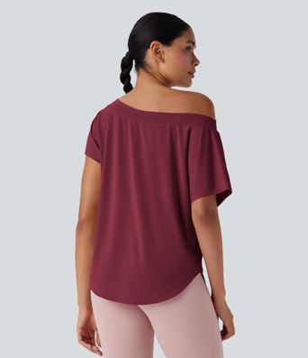 Einschultriges Yoga-Sport-Top mit kurzen Ärmeln, High-Low-Design und abgerundetem Saum - schnelltrocknend