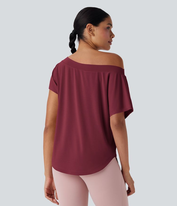 Einschultriges Yoga-Sport-Top mit kurzen Ärmeln, High-Low-Design und abgerundetem Saum - schnelltrocknend