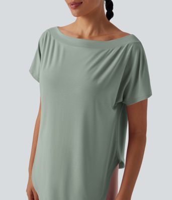 Einschultriges Yoga-Sport-Top mit kurzen Ärmeln, High-Low-Design und abgerundetem Saum - schnelltrocknend