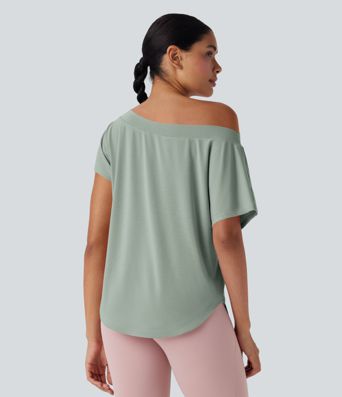 Einschultriges Yoga-Sport-Top mit kurzen Ärmeln, High-Low-Design und abgerundetem Saum - schnelltrocknend