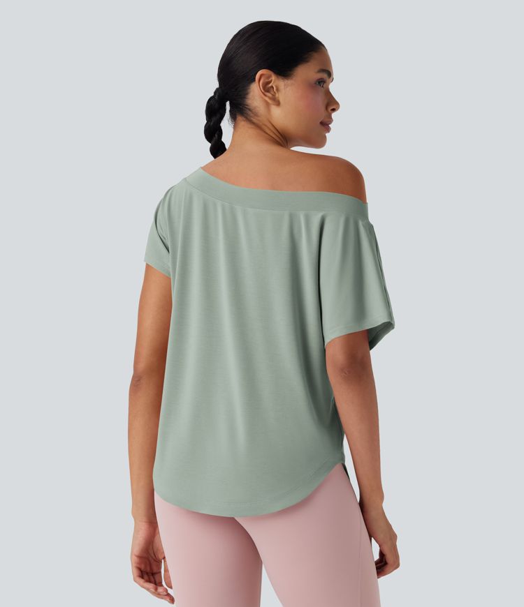 Einschultriges Yoga-Sport-Top mit kurzen Ärmeln, High-Low-Design und abgerundetem Saum - schnelltrocknend