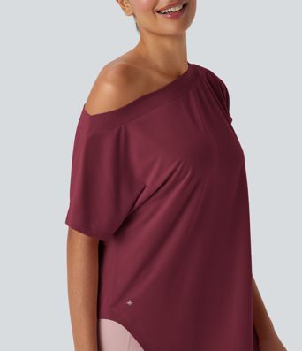 Einschultriges Yoga-Sport-Top mit kurzen Ärmeln, High-Low-Design und abgerundetem Saum - schnelltrocknend