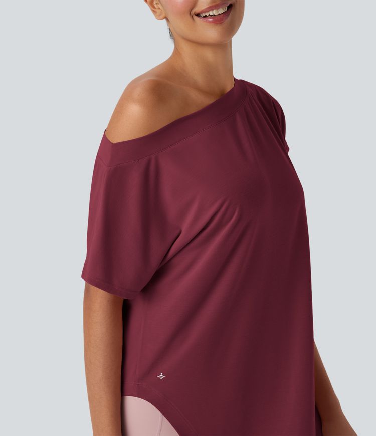 Einschultriges Yoga-Sport-Top mit kurzen Ärmeln, High-Low-Design und abgerundetem Saum - schnelltrocknend