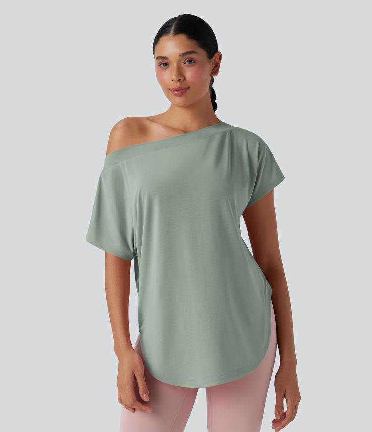 Einschultriges Yoga-Sport-Top mit kurzen Ärmeln, High-Low-Design und abgerundetem Saum - schnelltrocknend