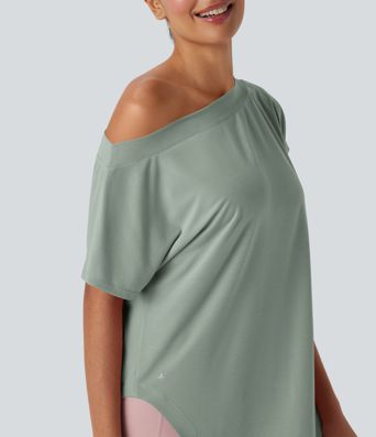 Einschultriges Yoga-Sport-Top mit kurzen Ärmeln, High-Low-Design und abgerundetem Saum - schnelltrocknend