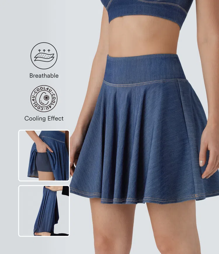 Halara Flex™ High Waisted 2-in-1 Cool Touch Washed Stretchy Knit Denim Mini Tennis Skirt with Pockets