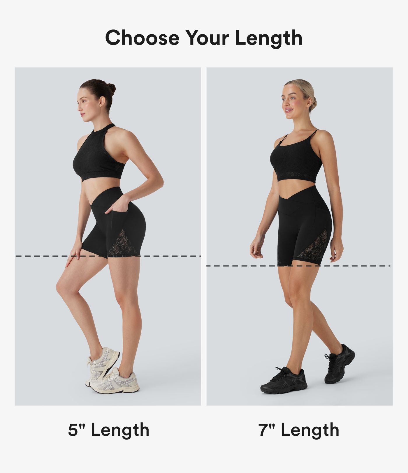 Short cycliste Softlyzero™ taille haute pour yoga avec croisement, dentelle contrastée, poches et protection UPF50+ - 12,5 cm