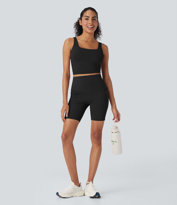 Halara UltraSculpt™ - Wander-Bikershorts mit hohem Bund, mehreren Taschen, Bauchkontrolle und Cool-Touch - schnelltrocknend, 17,8 cm, UPF50+