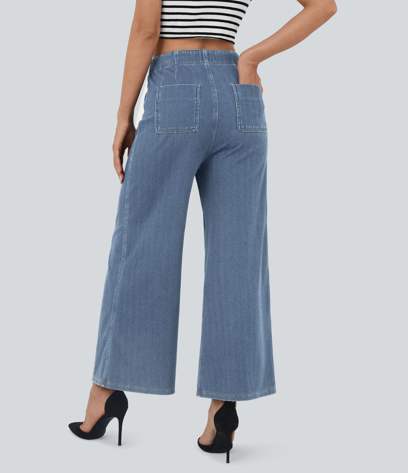 Halara Flex™ Lässige, ausgestellte Flared Jeans aus elastischem Strick-Denim mit hohem Bund, Knöpfe, weitem Bein und mehreren Taschen