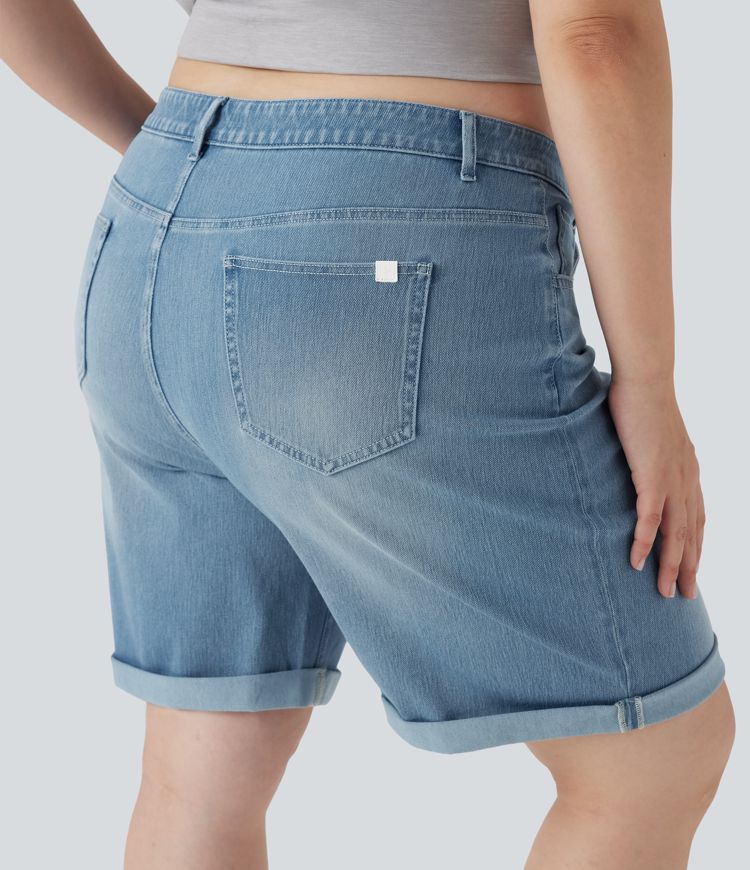 Halara Flex™ High Waisted Multiple Pockets Rolled Hem Washed Stretchy Knit Denim Casual Plus Size Bermuda Shorts