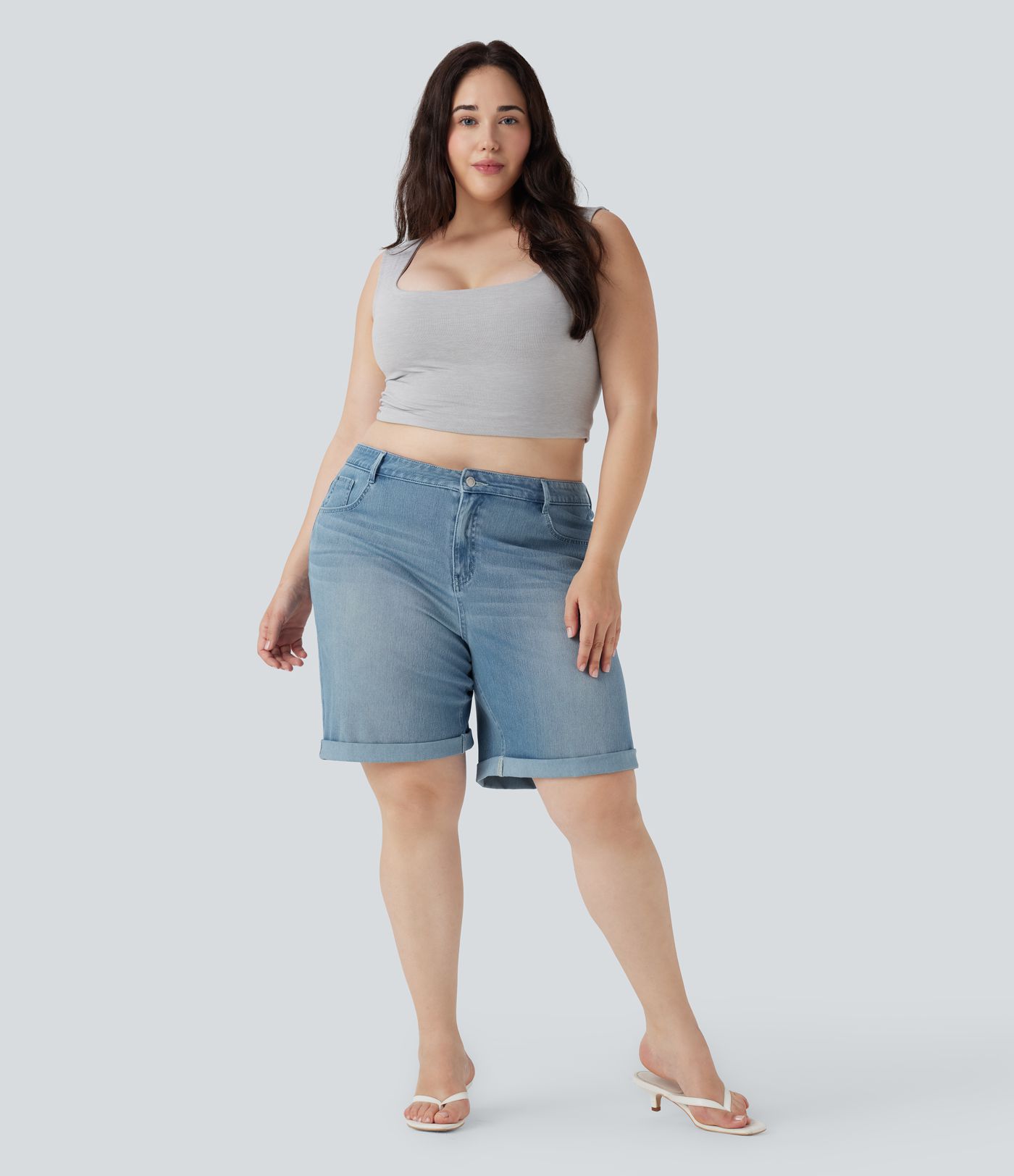 Halara Flex™ High Waisted Multiple Pockets Rolled Hem Washed Stretchy Knit Denim Casual Plus Size Bermuda Shorts