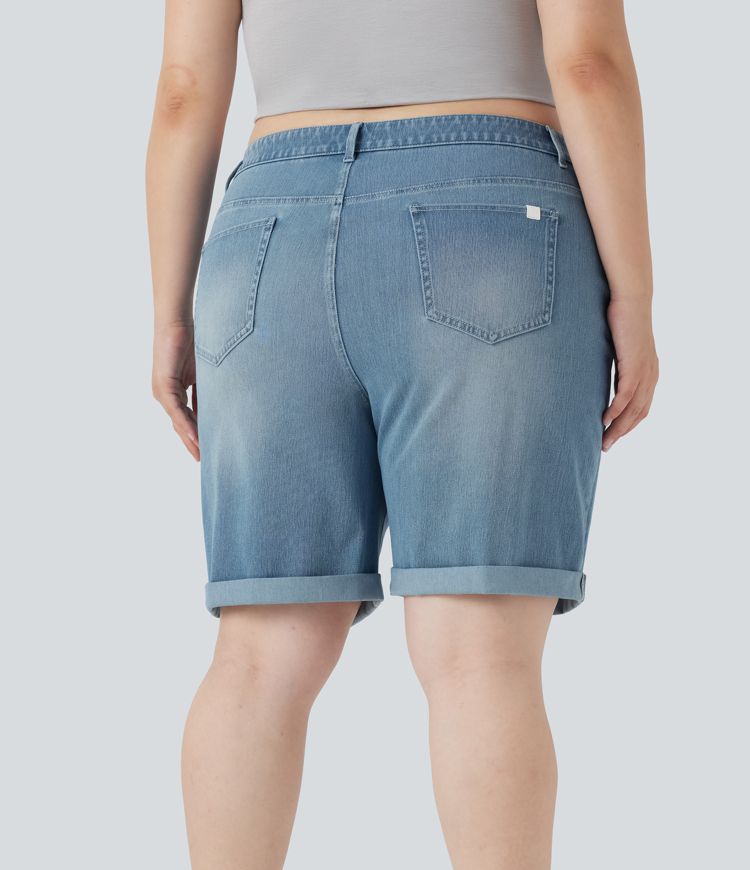 Halara Flex™ High Waisted Multiple Pockets Rolled Hem Washed Stretchy Knit Denim Casual Plus Size Bermuda Shorts