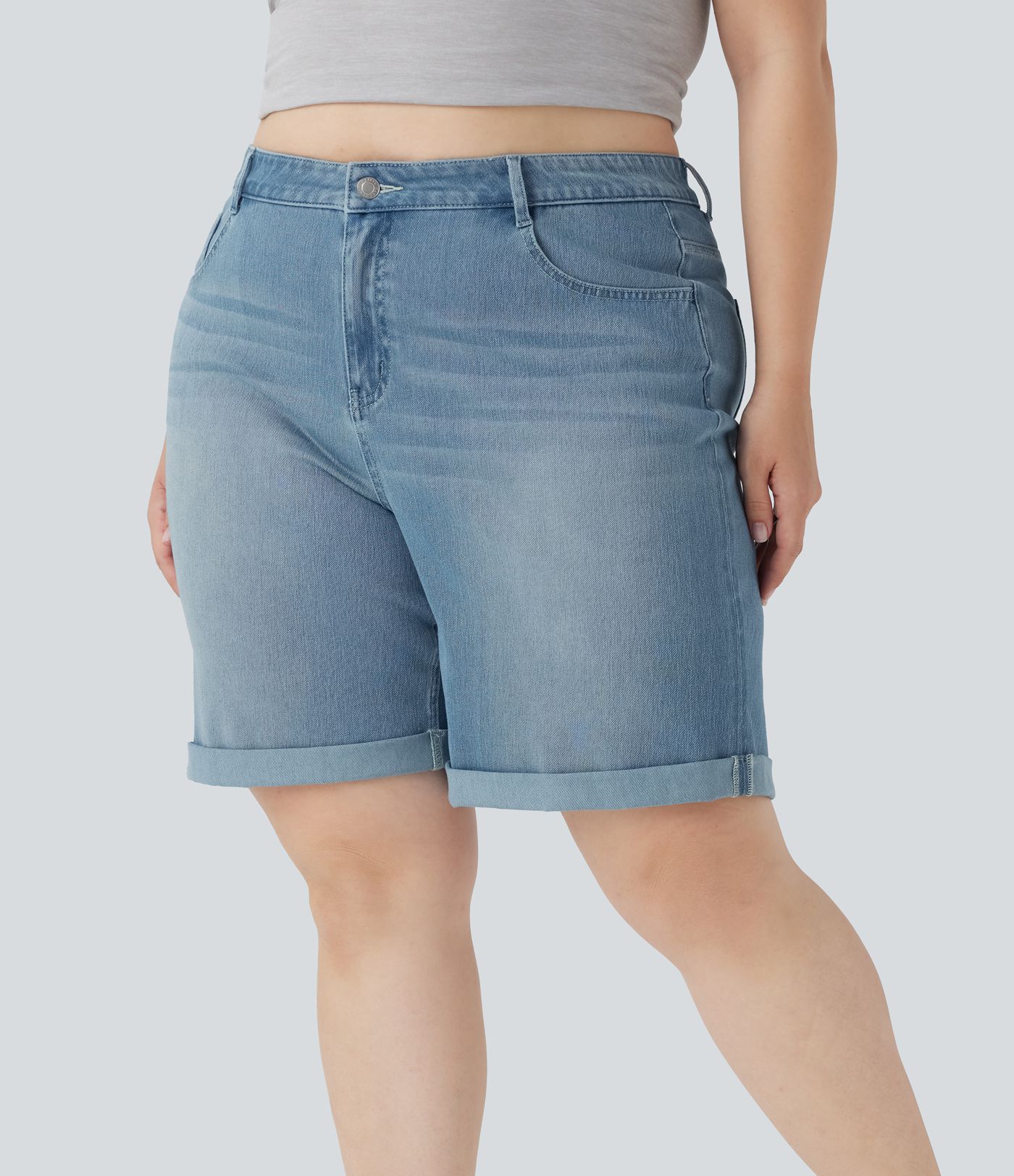 Halara Flex™ High Waisted Multiple Pockets Rolled Hem Washed Stretchy Knit Denim Casual Plus Size Bermuda Shorts