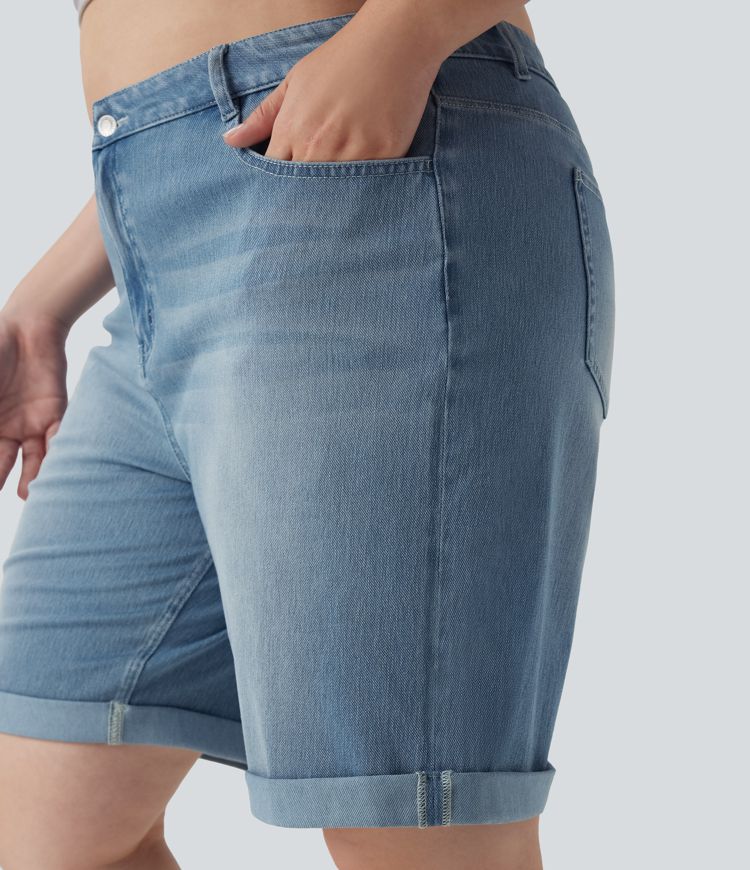 Halara Flex™ High Waisted Multiple Pockets Rolled Hem Washed Stretchy Knit Denim Casual Plus Size Bermuda Shorts